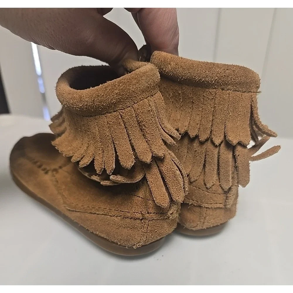 Minnetonka Brown Suede Moccasins Double Fringe Ankle Bootie Girls Size 10